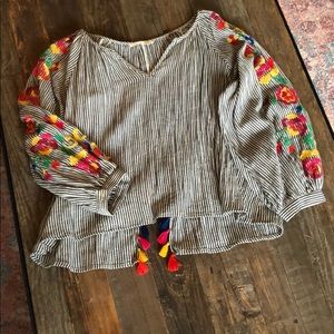 Anthropologie Embroidered Fringe Swing Back V-Neck